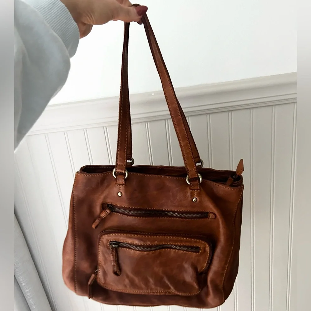 Genuine Leather Cognac Brown Shoulder Tote Bag 2 Front Zipper
